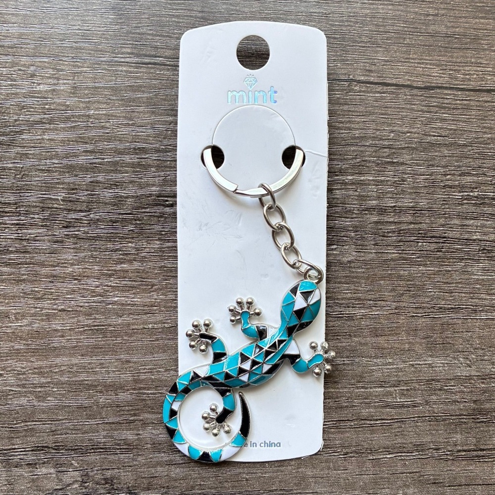 Mosaic‎ Gecko Lizard Enamel Keychain Teal Blue Silver Tone Animal Bag Charm